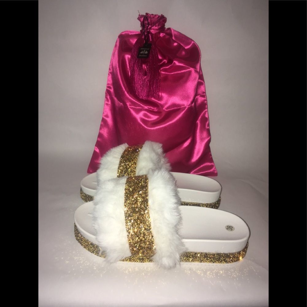 WHITE Eldora Rhinestone Fur Slides Women sandals and slippers flat shoes
